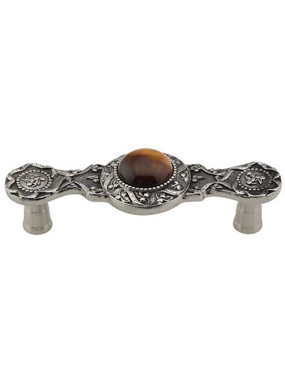 Victorian Jewel Pull Inset with Tiger Eye - 3 inch Center-to-Center in Brite Nickel.